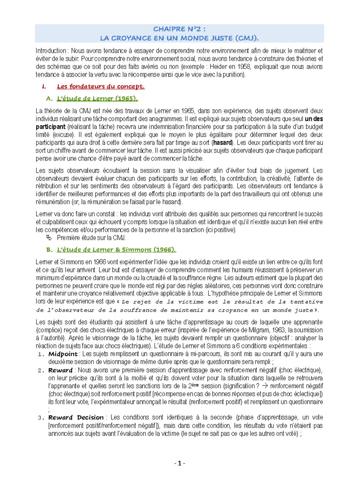 Chapitre N°2 La Croyance en un Monde Juste (CMJ) CHAIPRE N∞2 LA CROYANCE EN UN MONDE JUSTE Chapitre N°2 La Croyance en un Monde Juste (CMJ) CHAIPRE N∞2 LA CROYANCE EN UN MONDE JUSTE