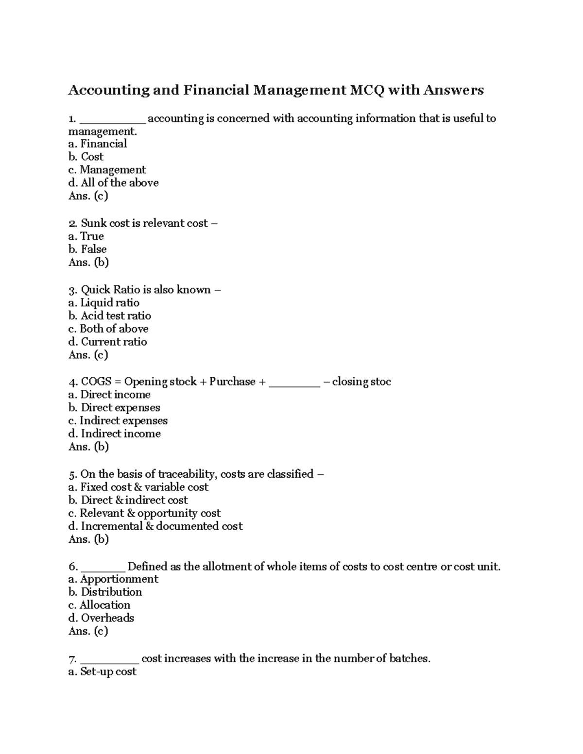 Accounting And Financial Management MCQ With Answers - Accounting And ...