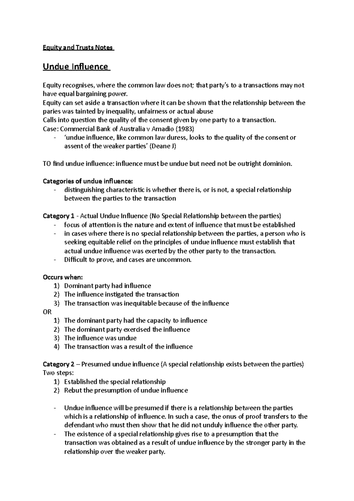 Equity and Trusts Notes - Equity and Trusts Notes Undue Influence ...
