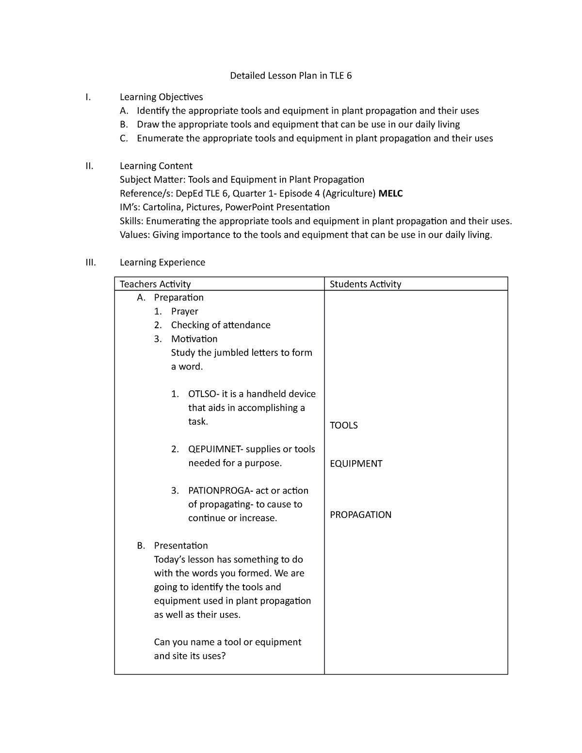 TLE 6 LP Tools - ZZZZZZZZZZZZZZZZZZZZ - Detailed Lesson Plan In TLE 6 I ...