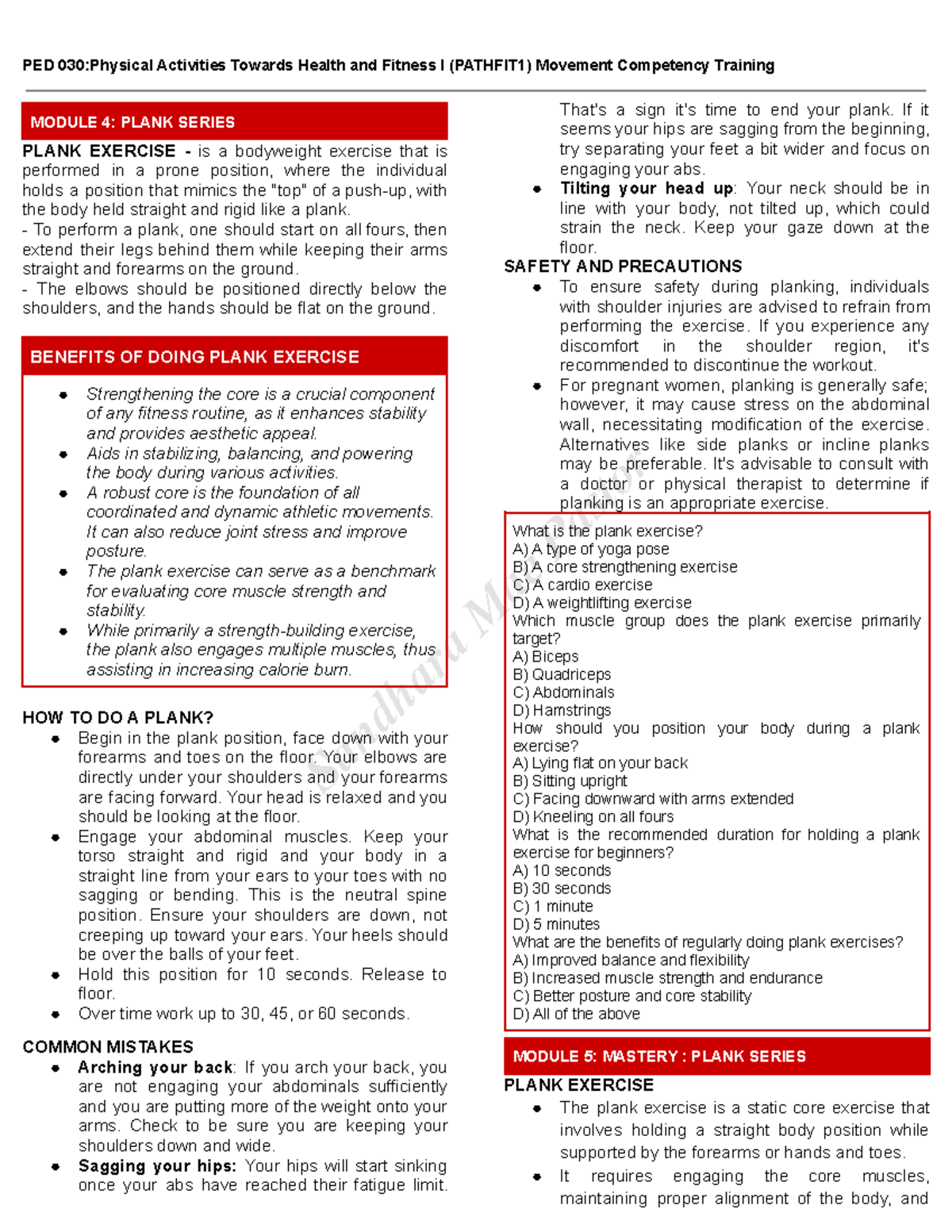 P2- PED 030 Reviewer - N/a - Sandhara Mae Pastor MODULE 4: PLANK SERIES ...
