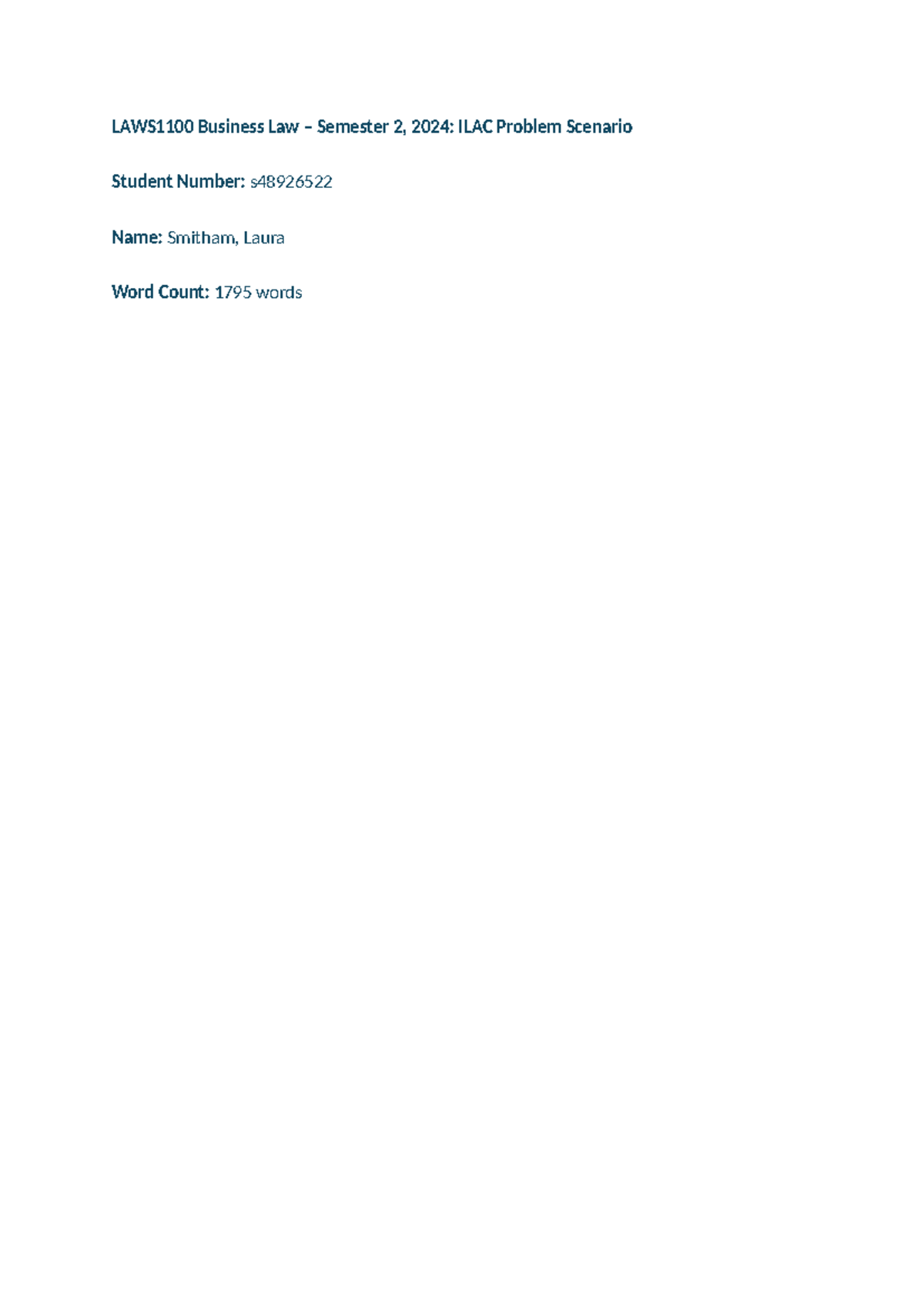 Smitham Laura Bus Law Sem1 24 - LAWS1100 Business Law – Semester 2 ...