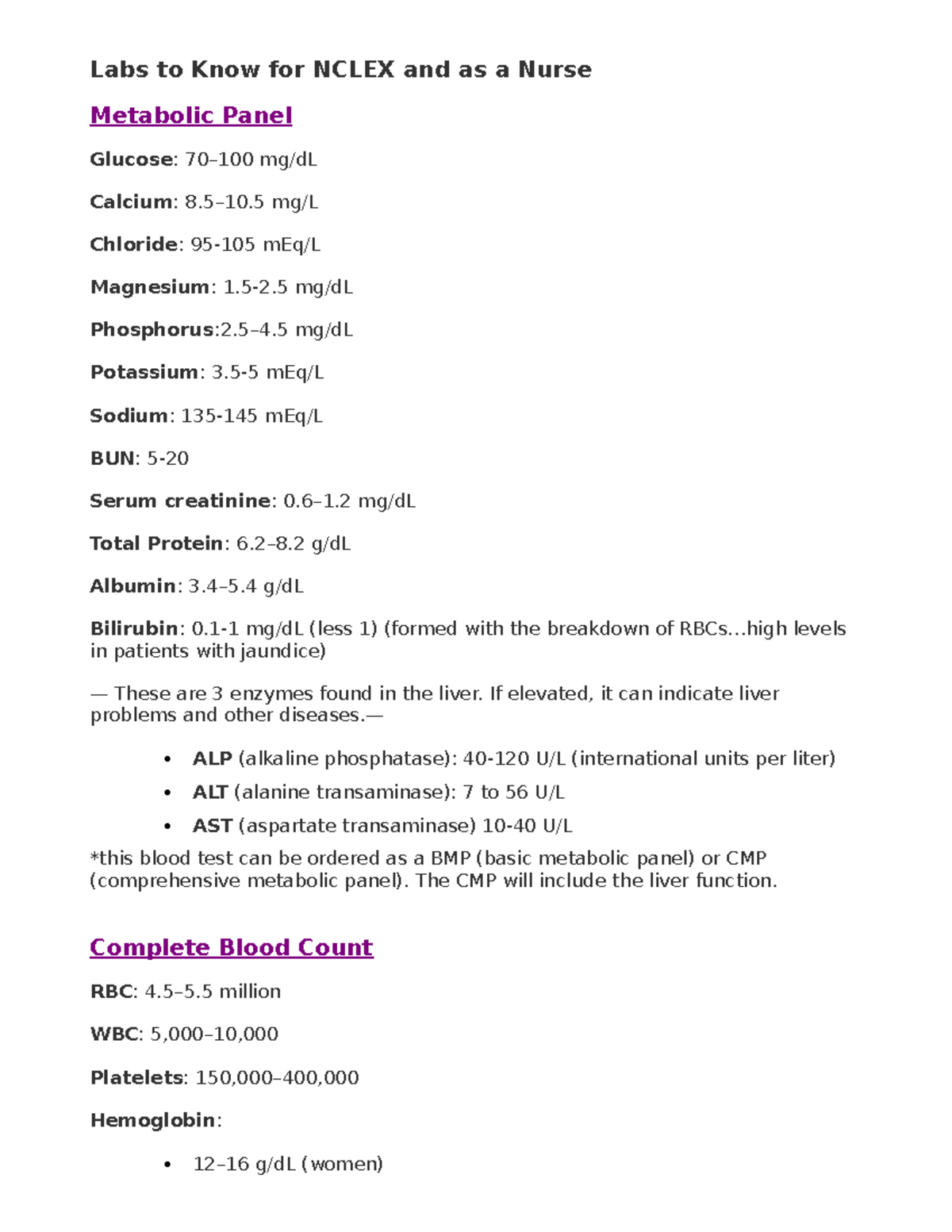 Labs - lab values from various resources - Labs to Know for NCLEX and ...