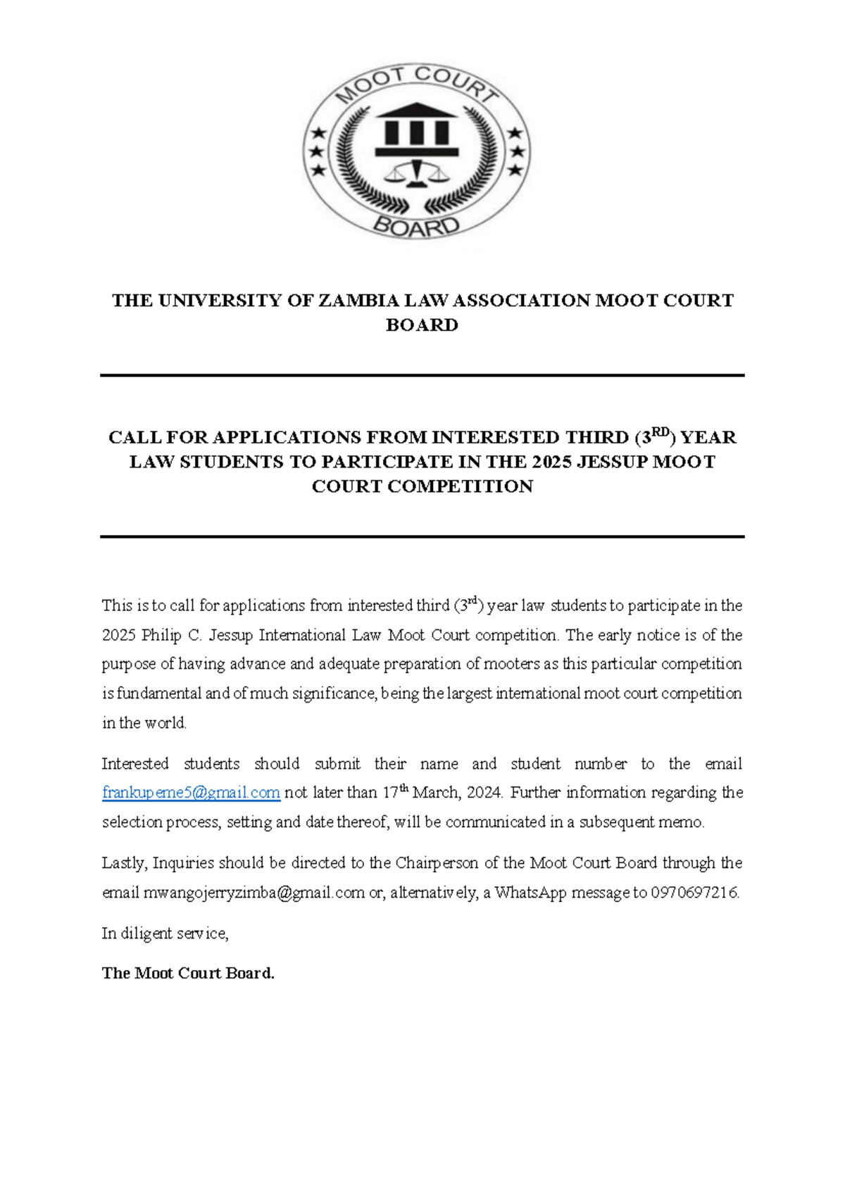 2025 Jessup MEMO; CALL FOR Applications THE UNIVERSITY OF ZAMBIA LAW