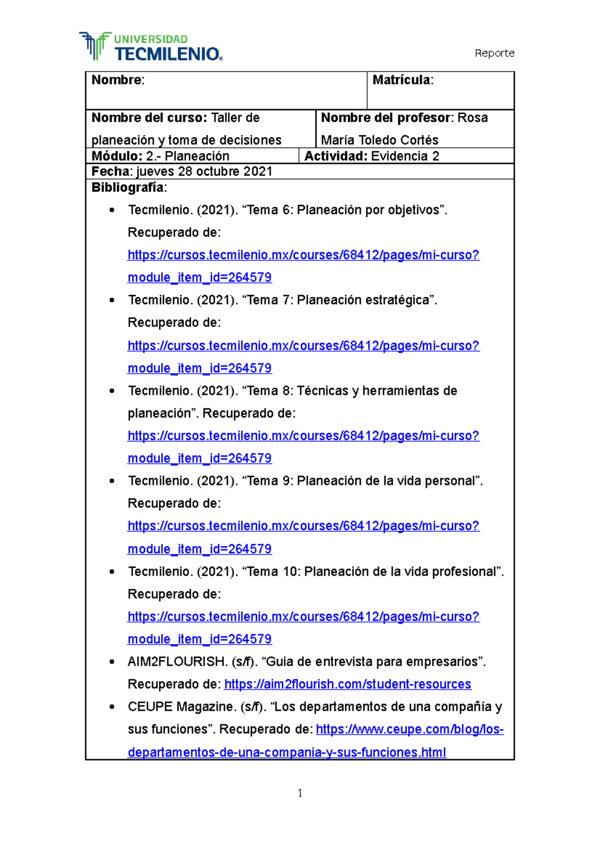Evidencia 2.- Taller de Planeación y Toma de Decisiones - Nombre ...
