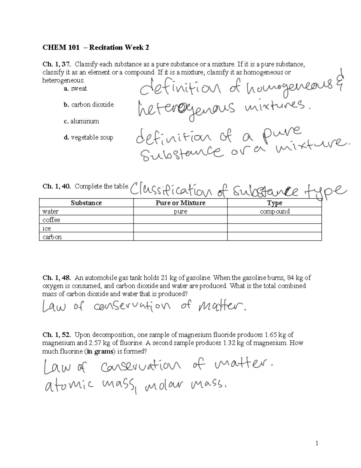 CHEM 101 Recitation Week 2 - Tagged - CHEM 101 – Recitation Week 2 Ch ...