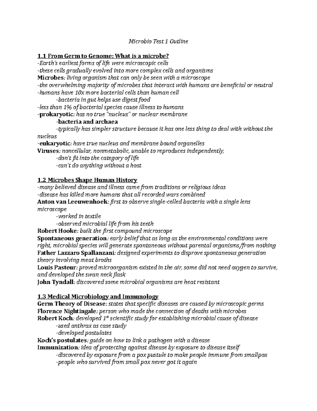 Microbio Test 1 Outline - Microbio Test 1 Outline 1 From Germ to Genome ...