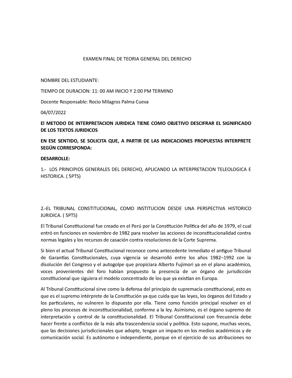 Examen Final DE Teoria General DEL Derecho - EXAMEN FINAL DE TEORIA ...