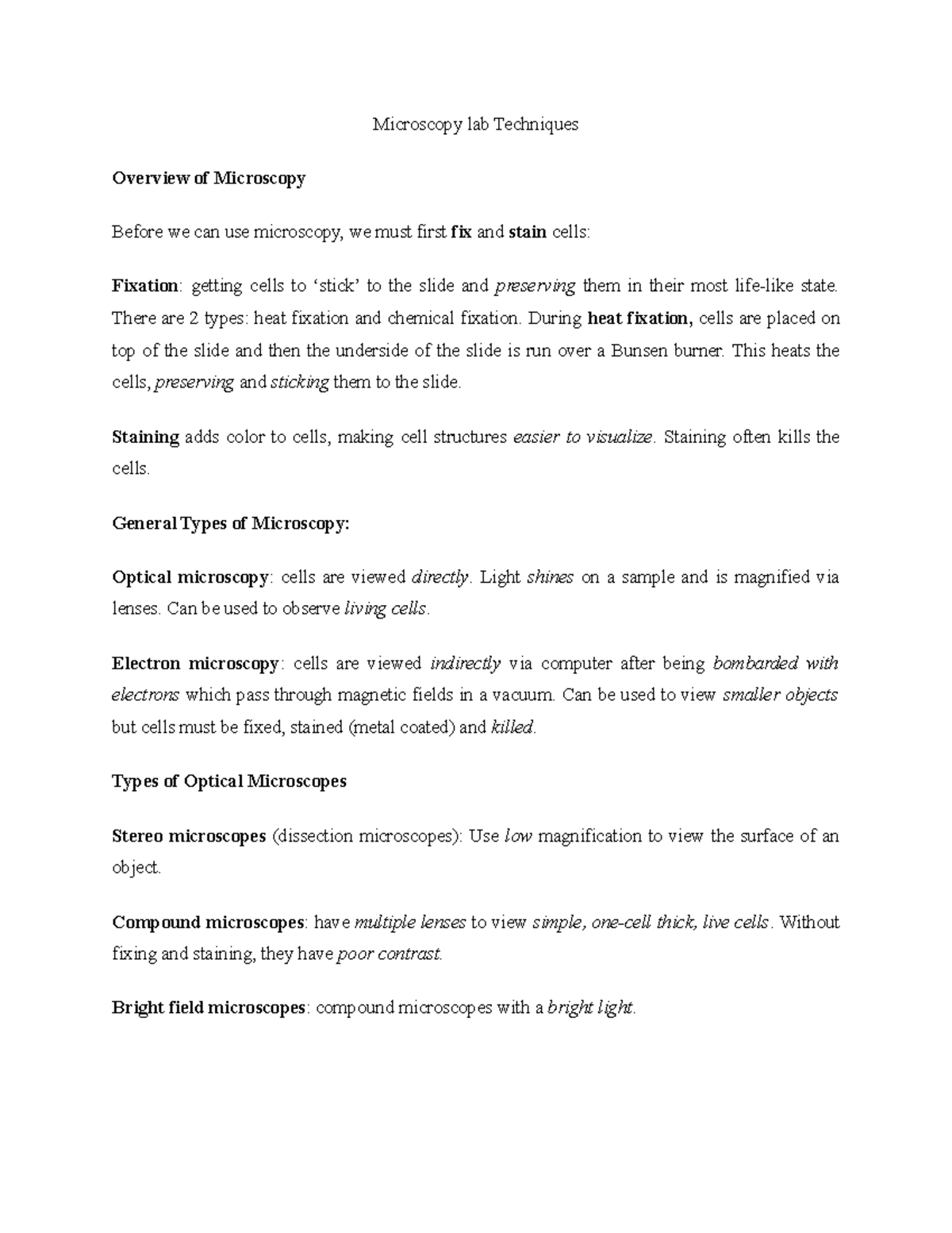 Microscopy lab Techniques lecture notes Microscopy lab Techniques