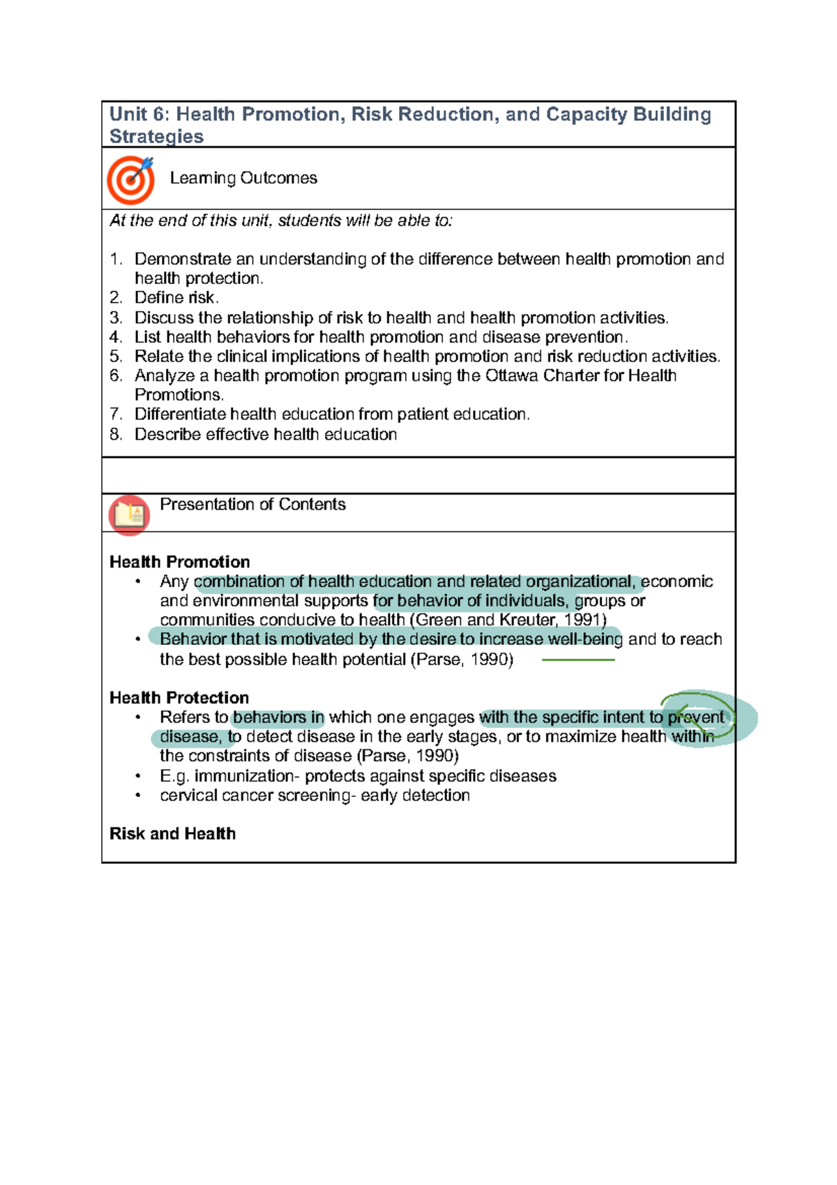Unit 6 Health Promotion Risk Reduction and Capacity Building - Unit 6 ...