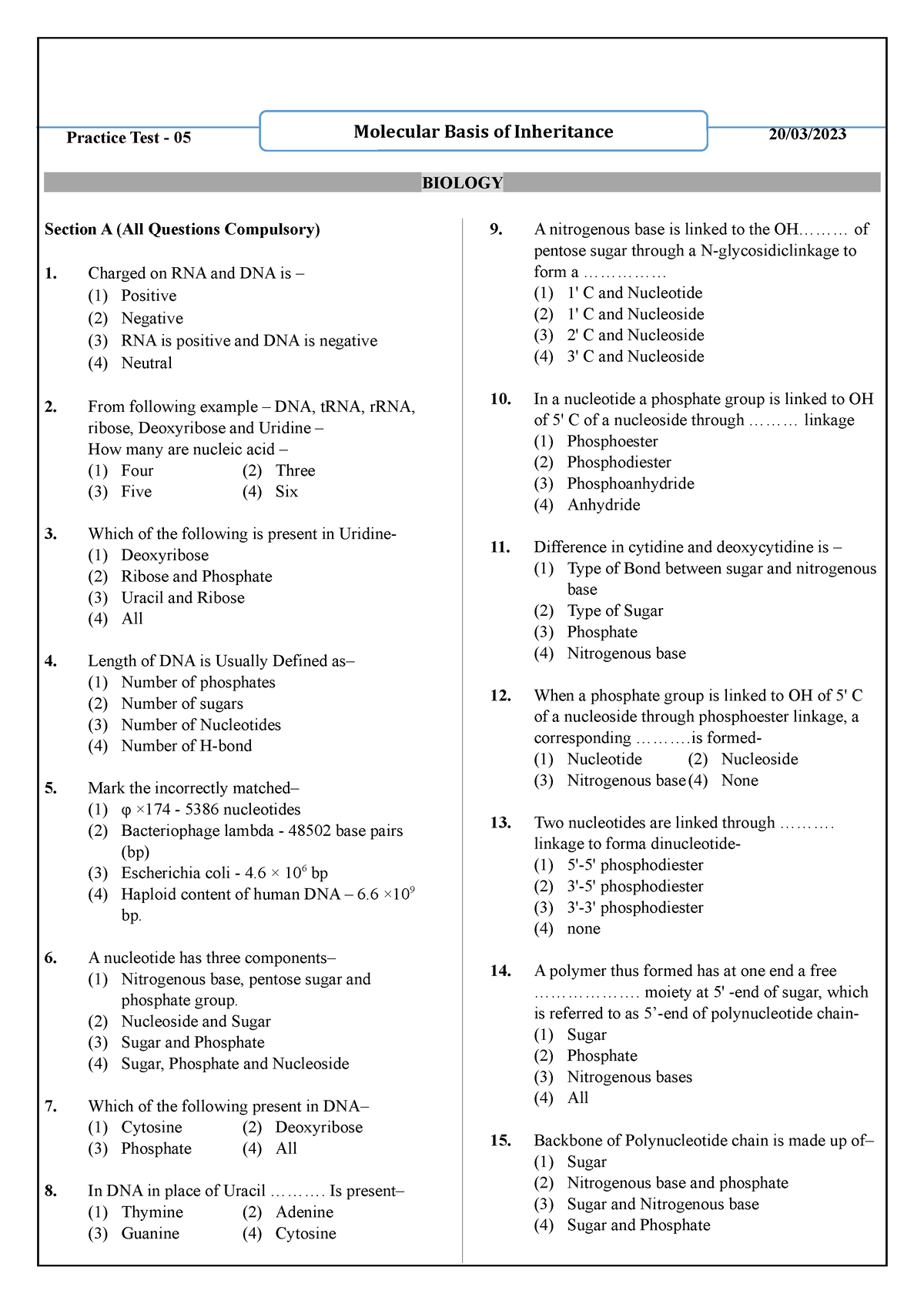 NEET Revision Test 5- Molecular basis of inheritance - Practice Test ...