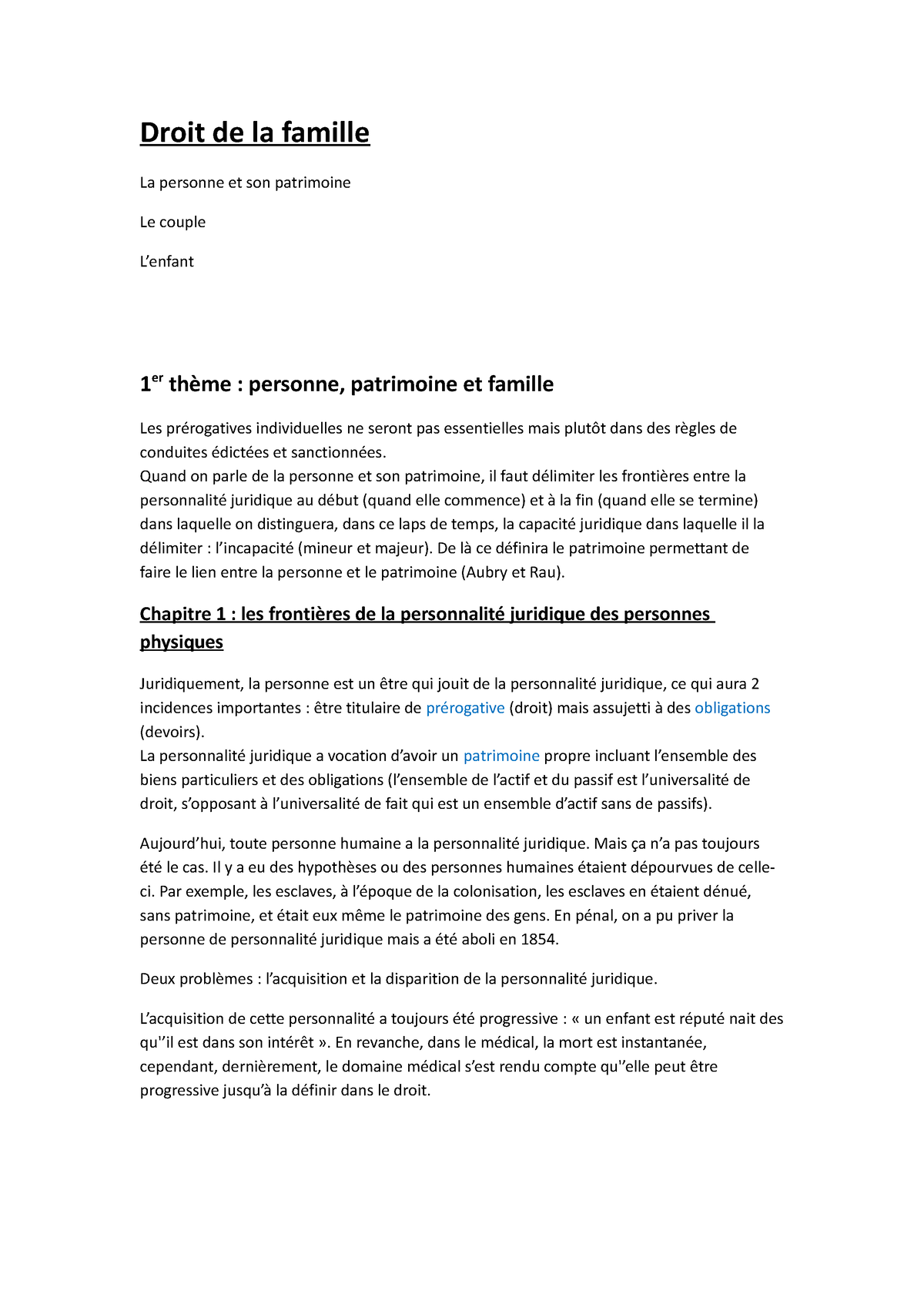 Droit De La Famille - Notes De Cours - Droit De La Famille La Personne ...