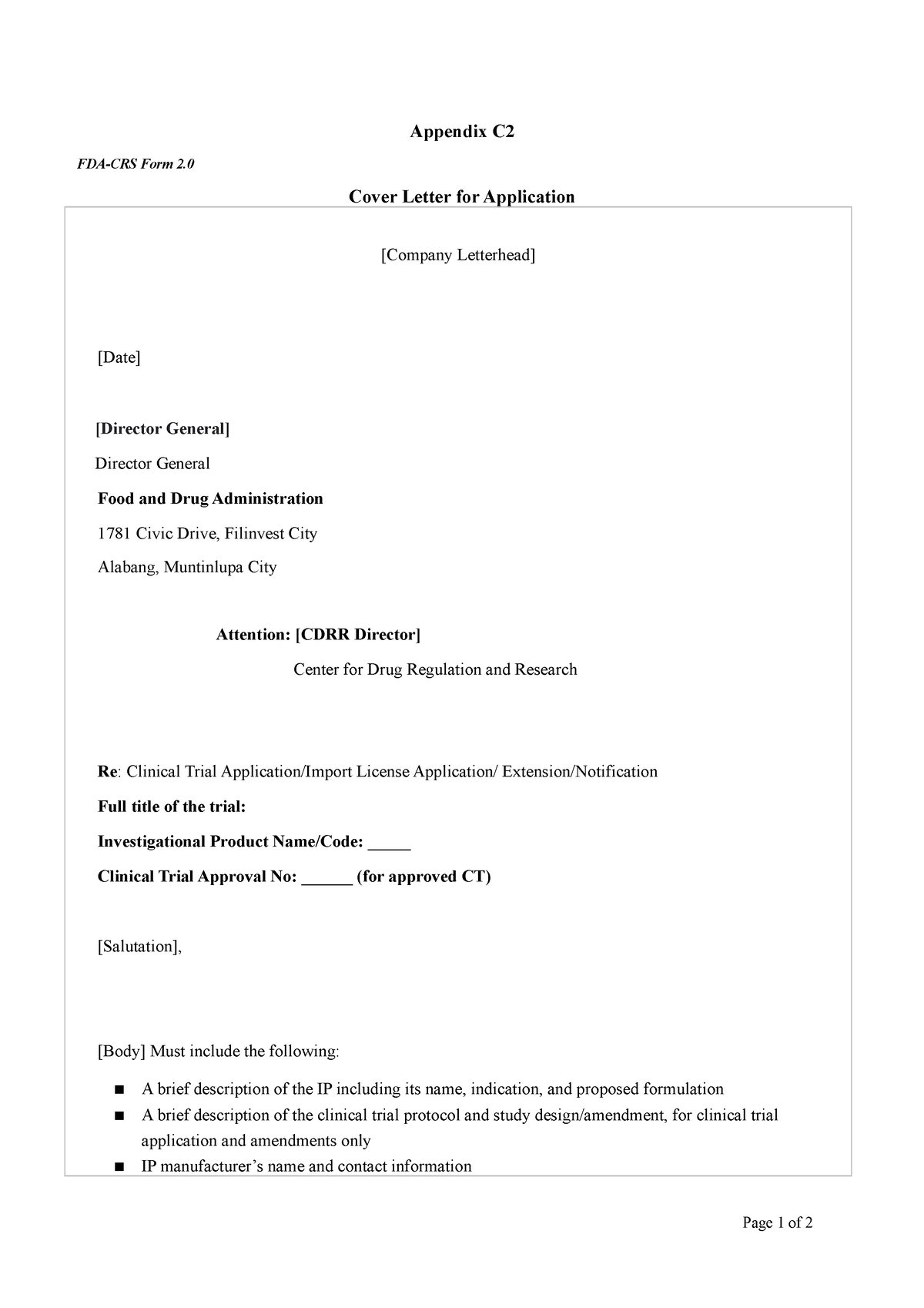 Appendix C2 Cover Letter Appendix C FDA CRS Form 2 Cover Letter For   Thumb 1200 1698 