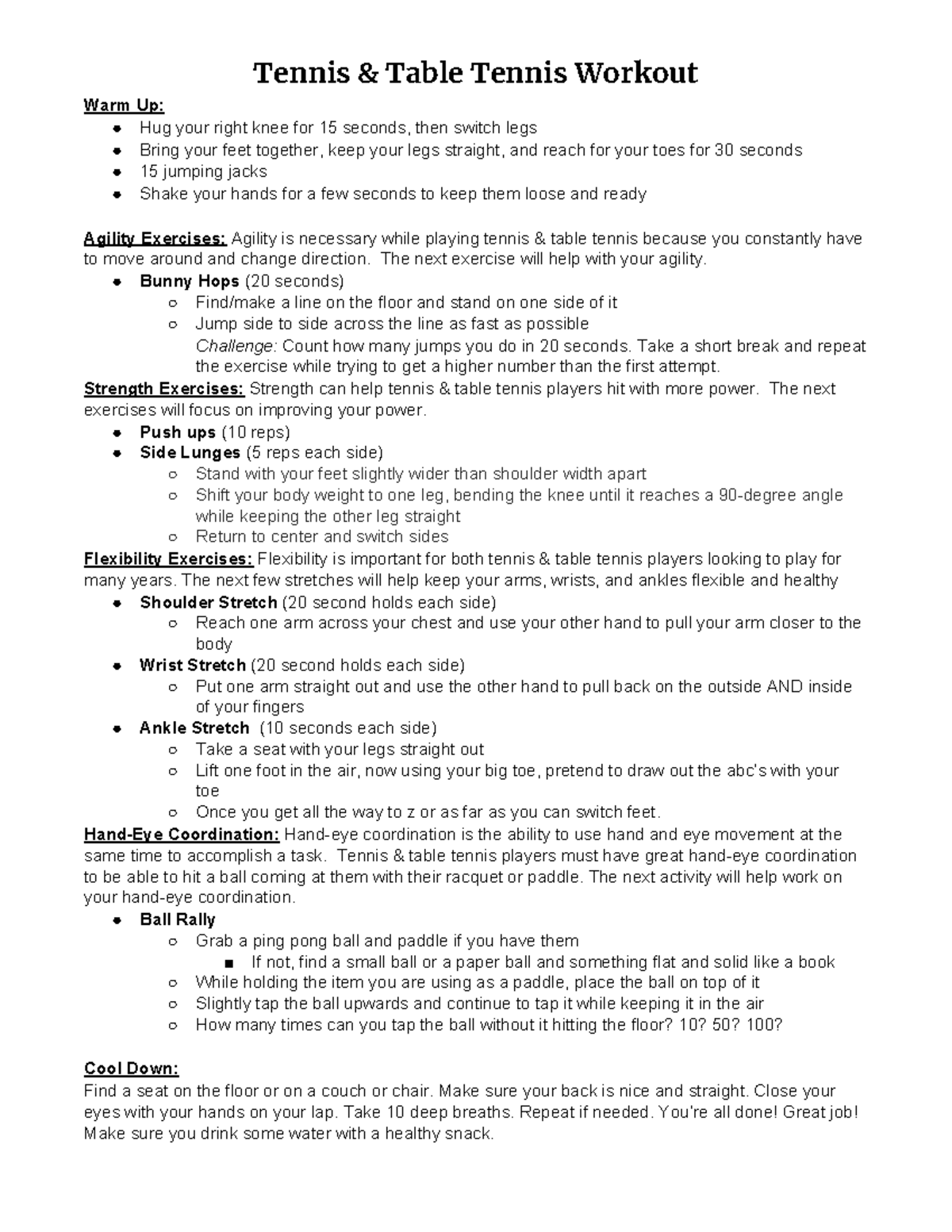 Tennis TableTennisWorkoutHandoutF Tennis & Table Tennis Workout