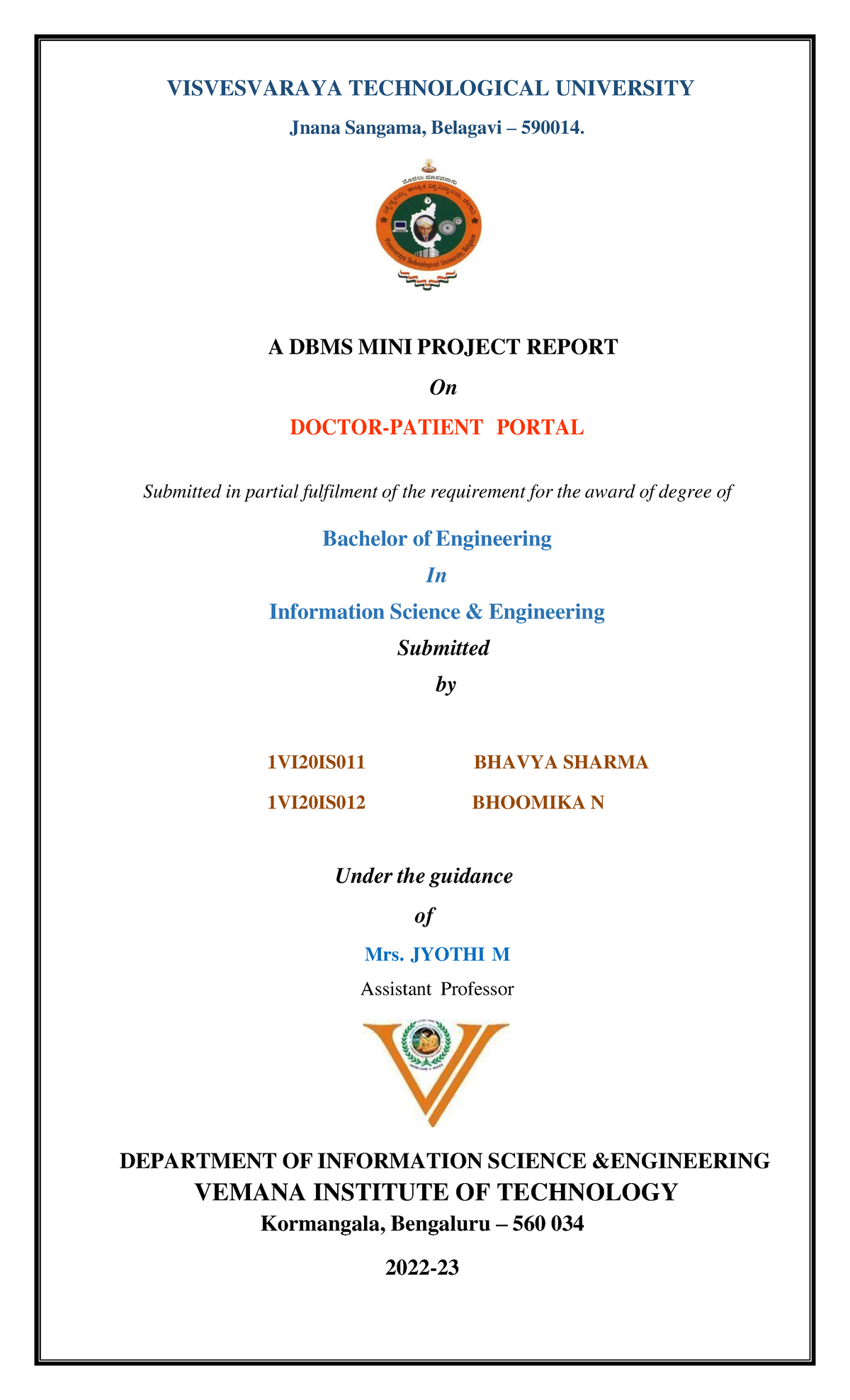 (DBMS)- Doctor Patient Portal - VISVESVARAYA TECHNOLOGICAL UNIVERSITY ...