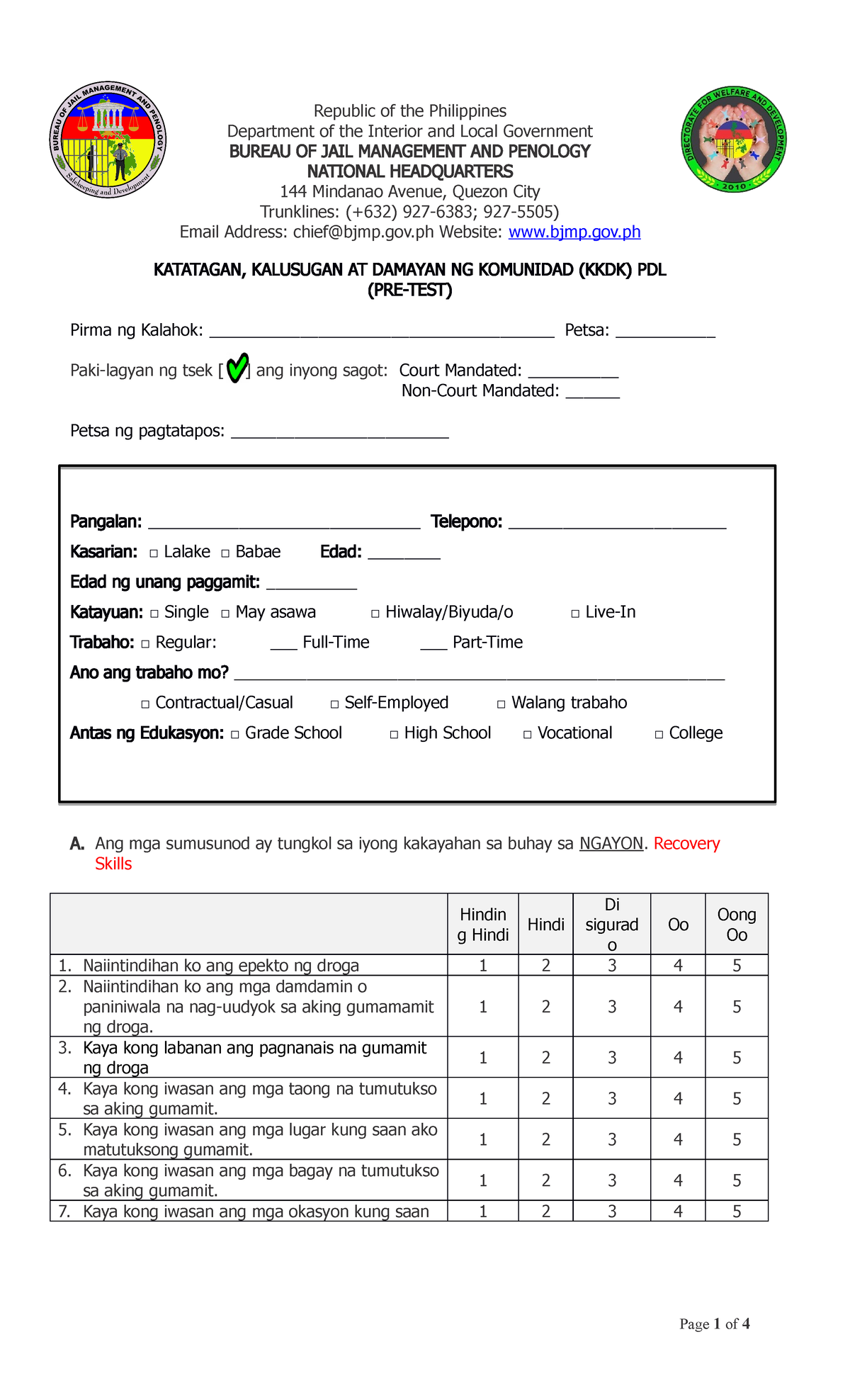 PRE TEST FOR PDL - none - Republic of the Philippines Department of the ...