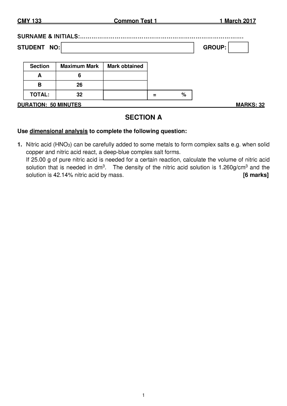 2017 CMY 133 Common TEST 1 - CMY 133 Common Test 1 1 March 2017 SURNAME ...