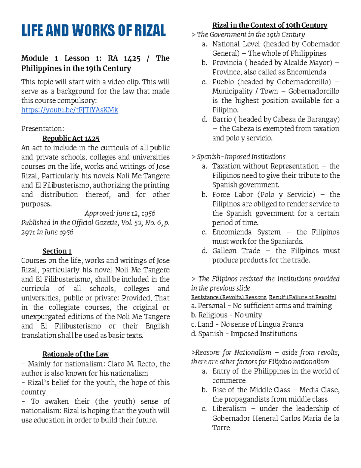 1 - Liferiz Modules Compiled - LIFE AND WORKS OF RIZAL Module 1 Lesson ...