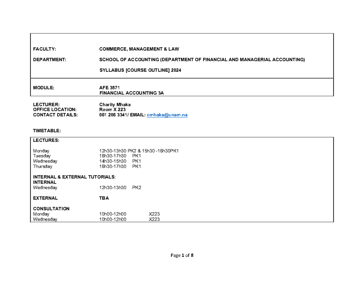 Course Outline FA 3A - FACULTY: COMMERCE, MANAGEMENT & LAW DEPARTMENT ...
