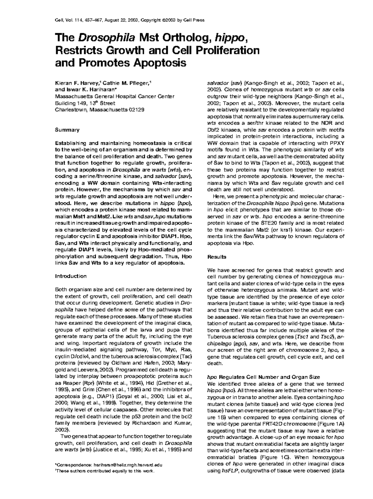 Drosophila lab article Cell, Vol. 114, 457467, August 22, 2003