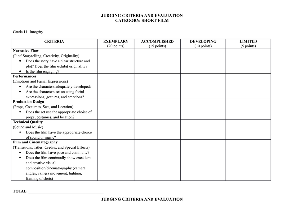 Judging Criteria AND Evaluation Short FILM JUDGING CRITERIA AND