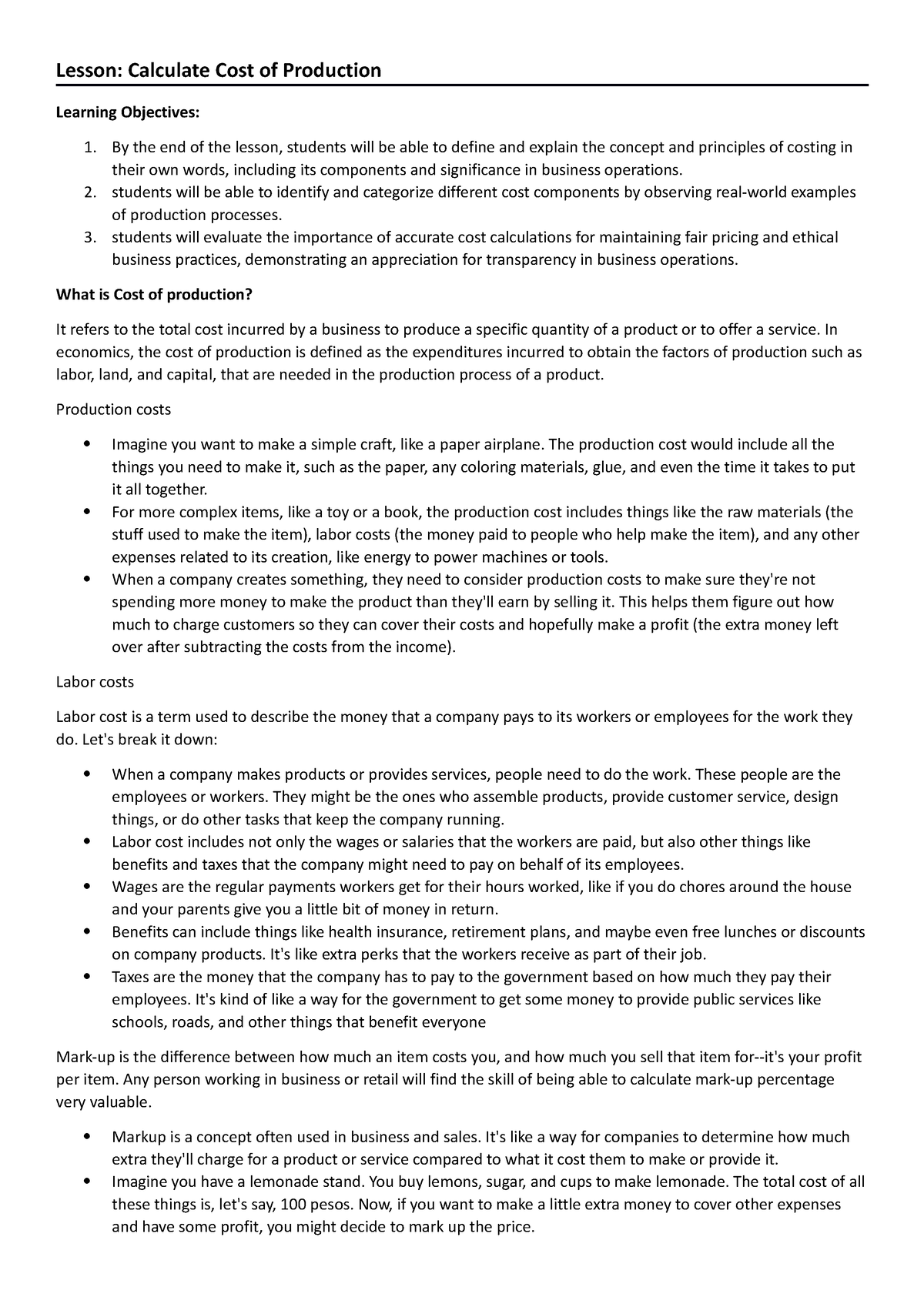 Lesson Guide Calculate COST OF Production - Lesson: Calculate Cost of ...