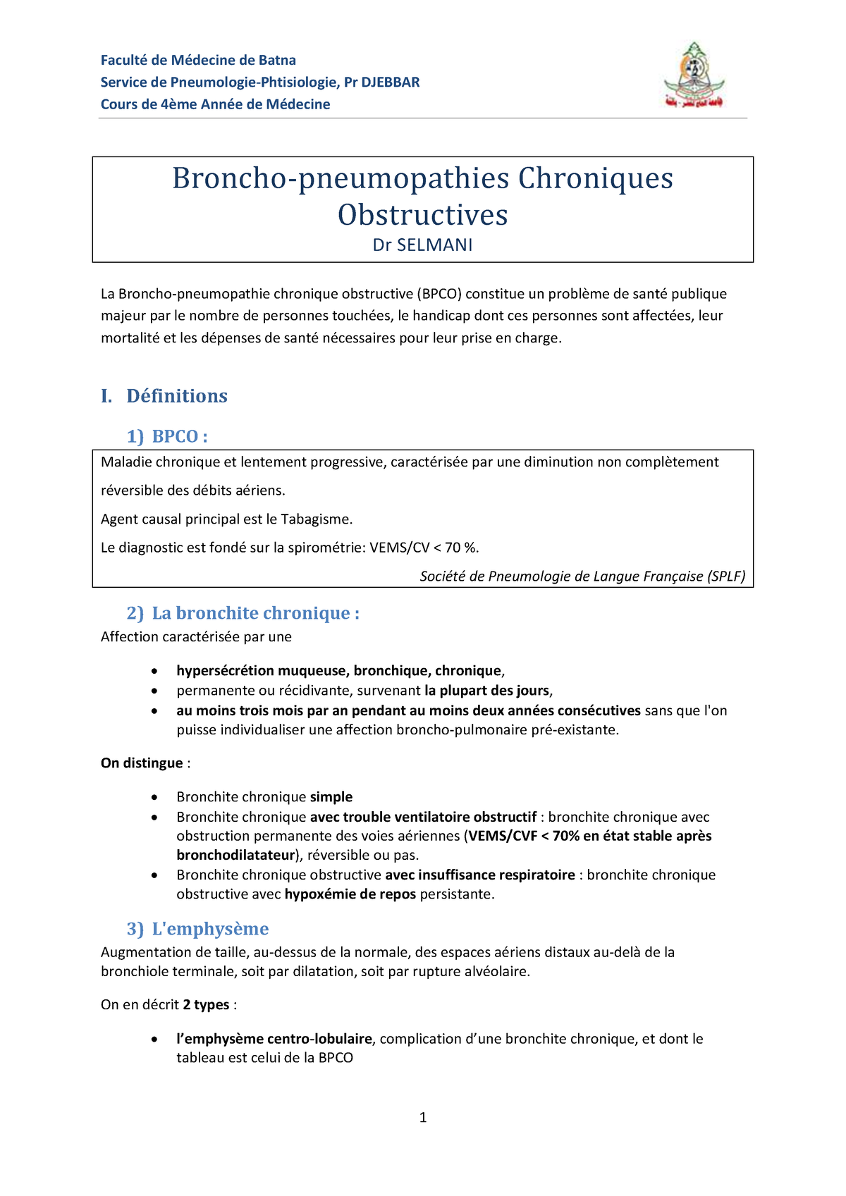 Pneumo 05-bpco - Service De Pneumologie-Phtisiologie, Pr DJEBBAR Cours ...