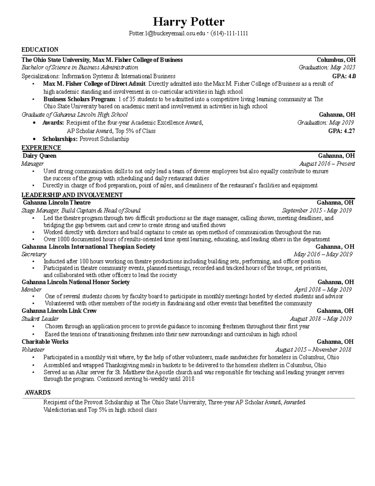 Resume 1 - NONE - Harry Potter Potter@buckeyemail.osu · (614)-111 ...