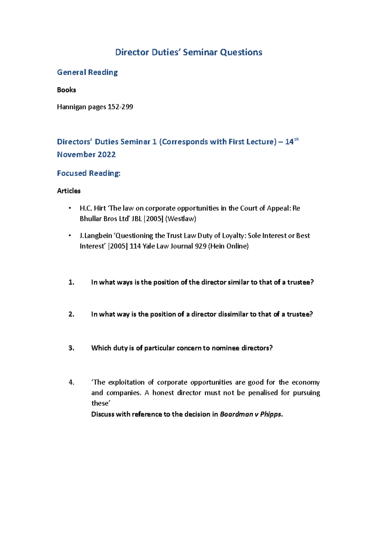 Director Duties’ Seminar Questions - Director Duties’ Seminar Questions ...