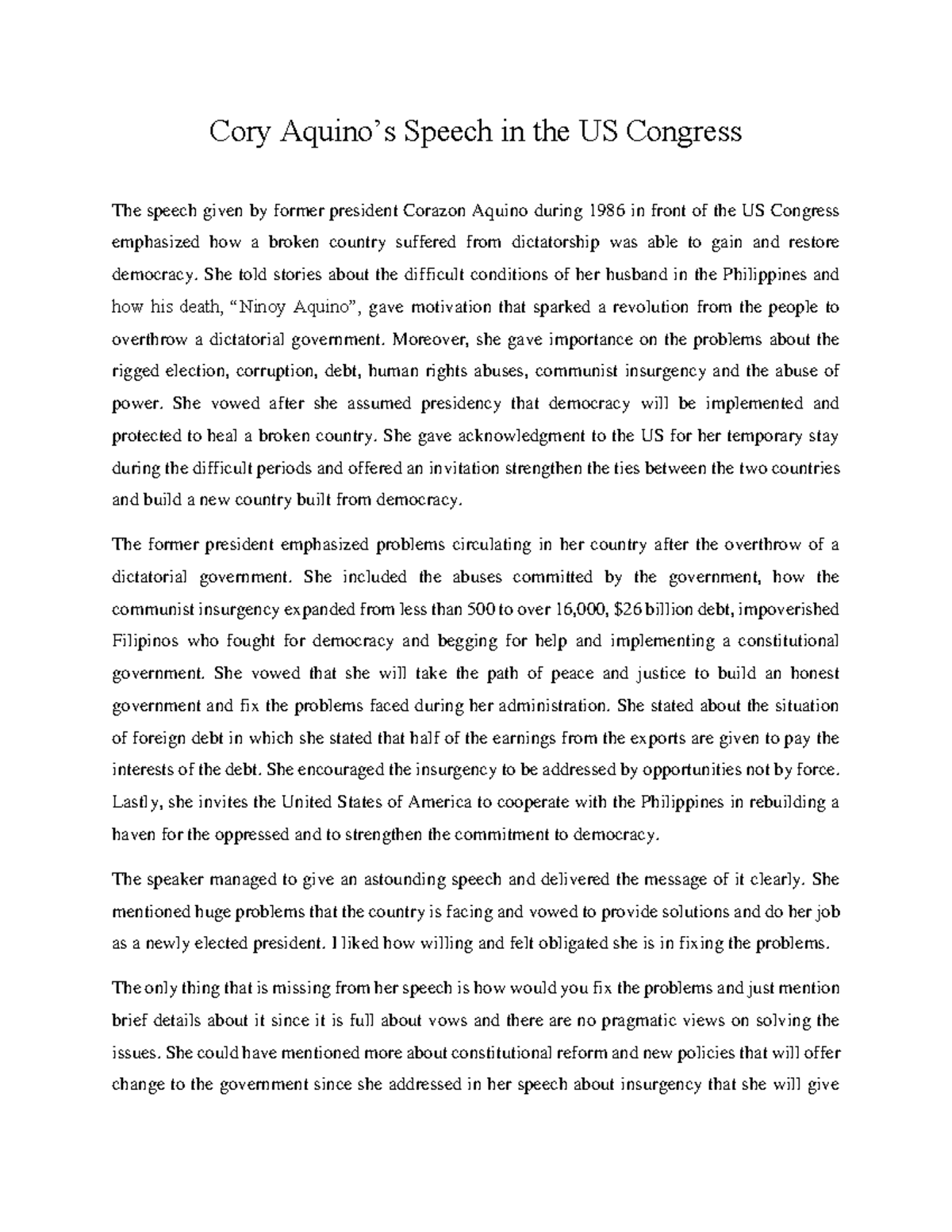 Critical Analysis Paper - Cory Aquino’s Speech In The US Congress The ...