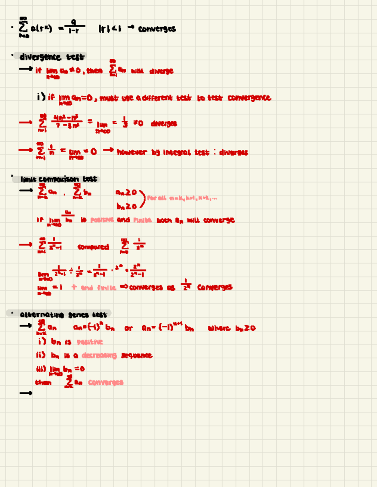 Convergence Test Notes - · a(rK) = 12 1r/ converges divergence test ...