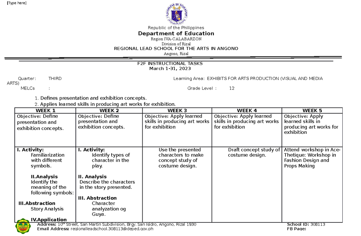 ART AREA April - Learning Plan - [Type here] Republic of the ...