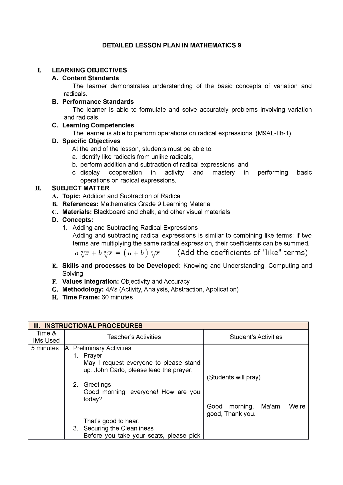 Detailed Lesson PLAN IN Mathematics 9 - DETAILED LESSON PLAN IN ...