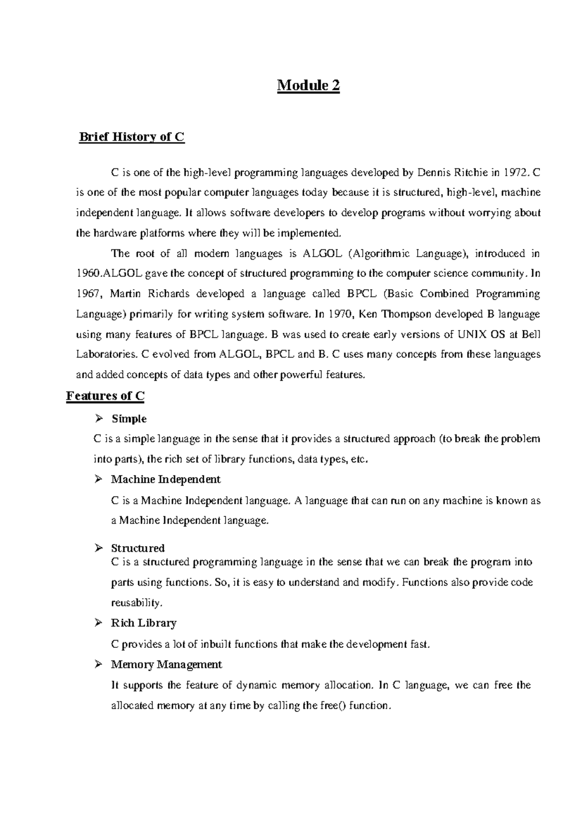 C note module 2 - Module 2 Brief History of C C is one of the high ...
