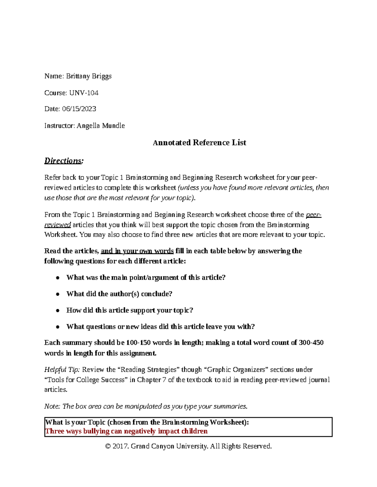 Annotated Reference List Completed - Name: Brittany Briggs Course: UNV ...