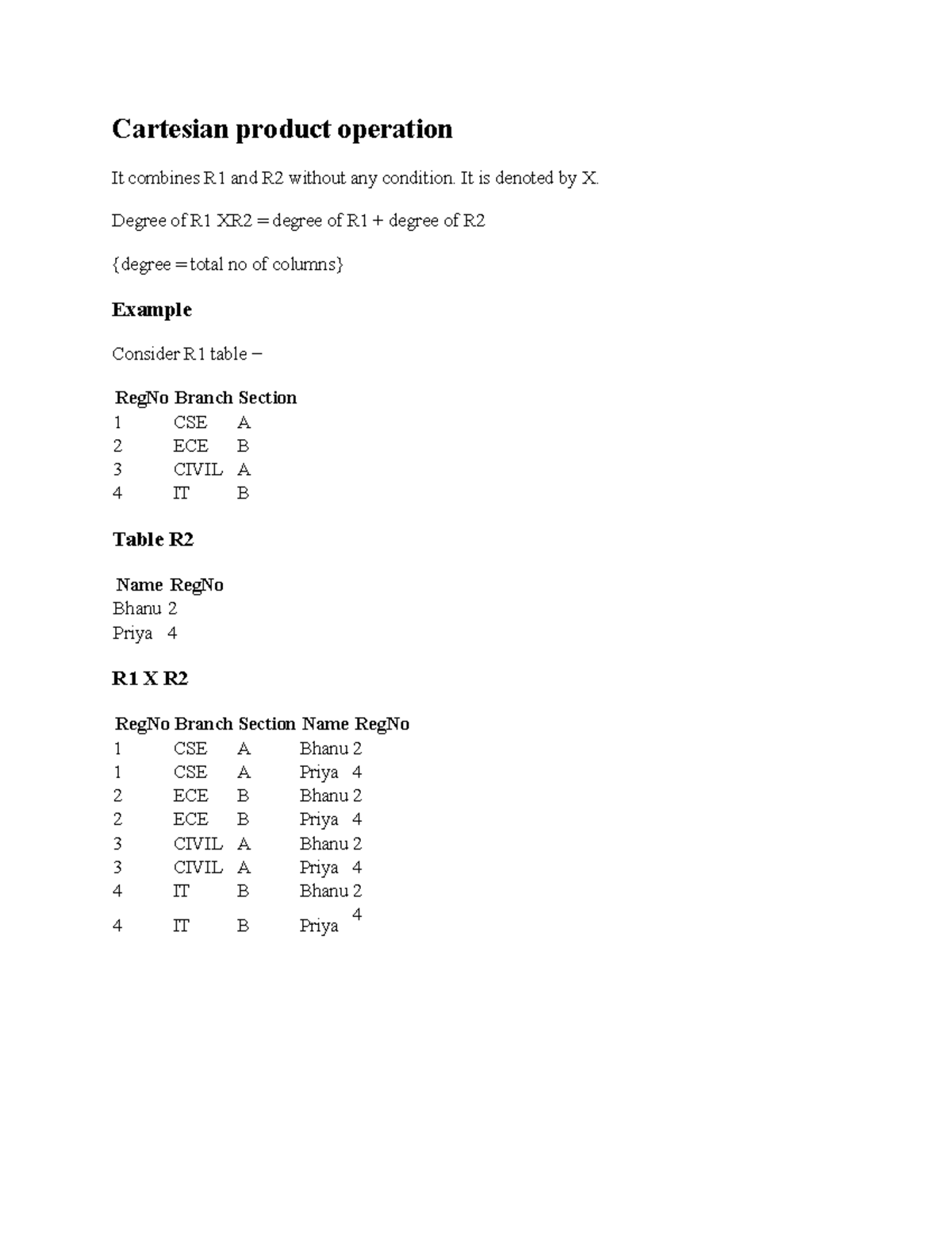 Cartesian product operation - It is denoted by X. Degree of R1 XR2 ...