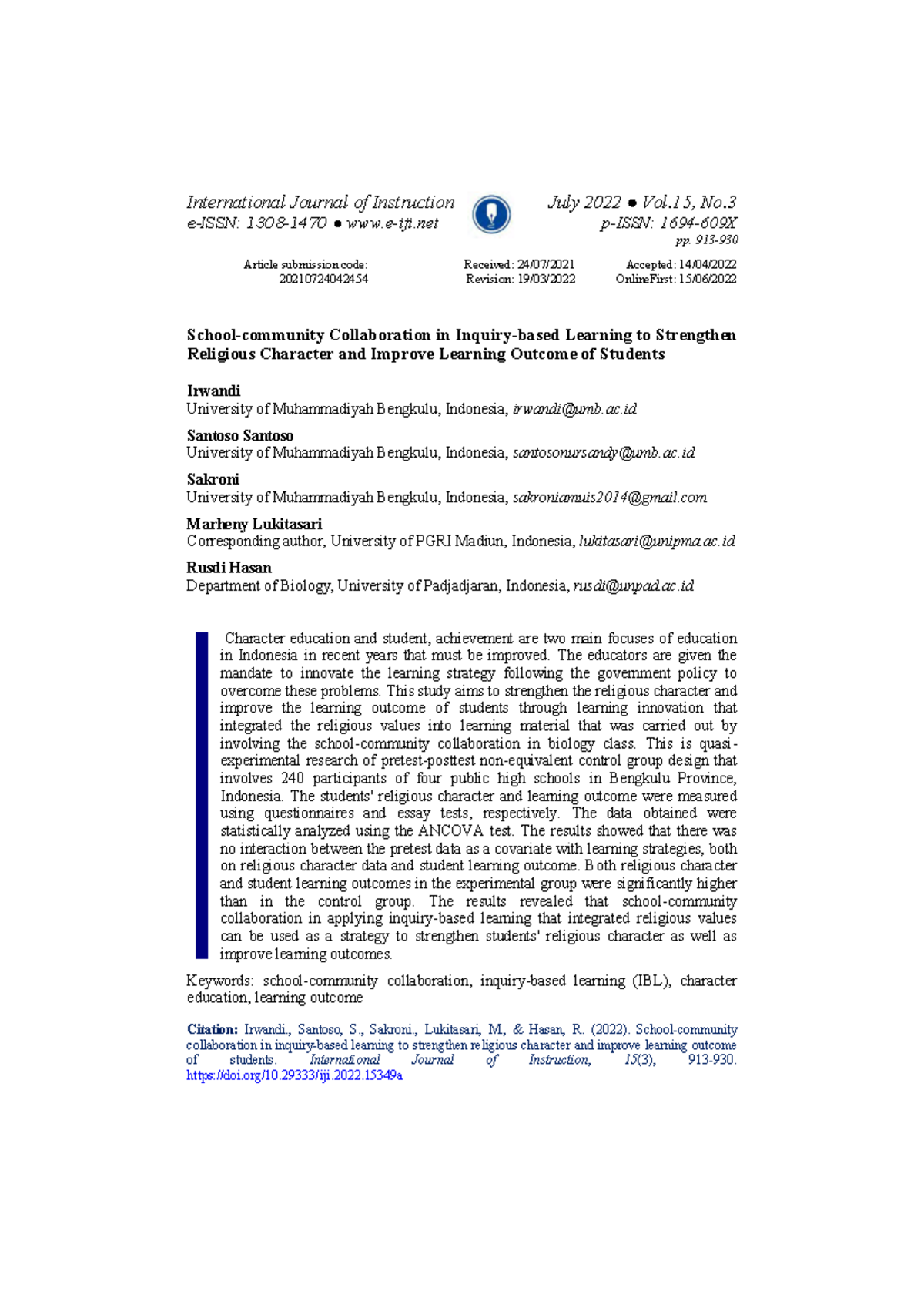 EJ1355597 - International Journal of Instruction July 2022 Vol. 15 , No ...