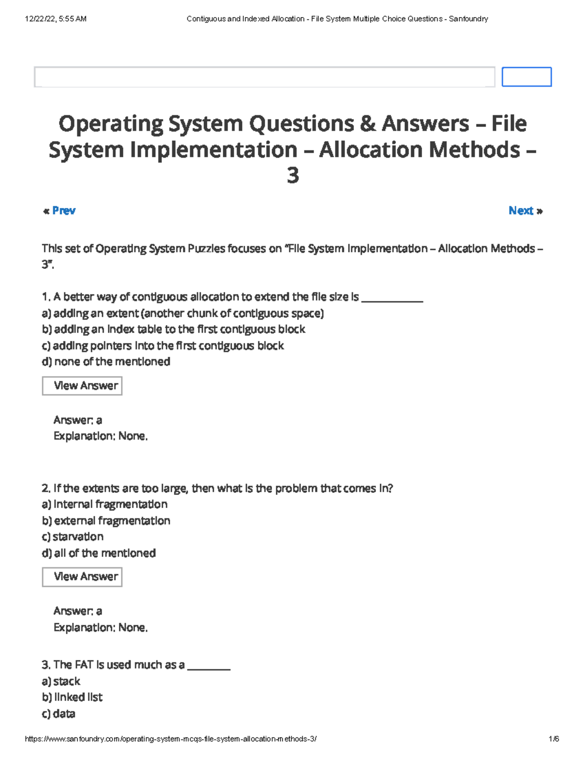 Contiguous and Indexed Allocation - File System Multiple Choice ...