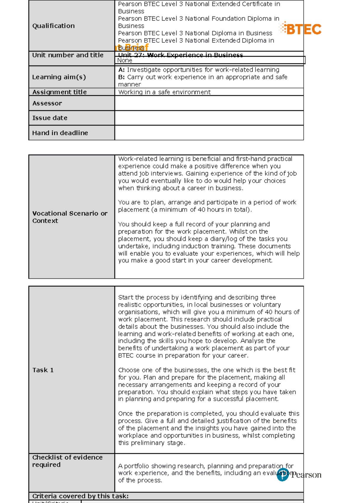 Unit 27 assignment 1 copy sahars - BTEC Assignment Brief None ...