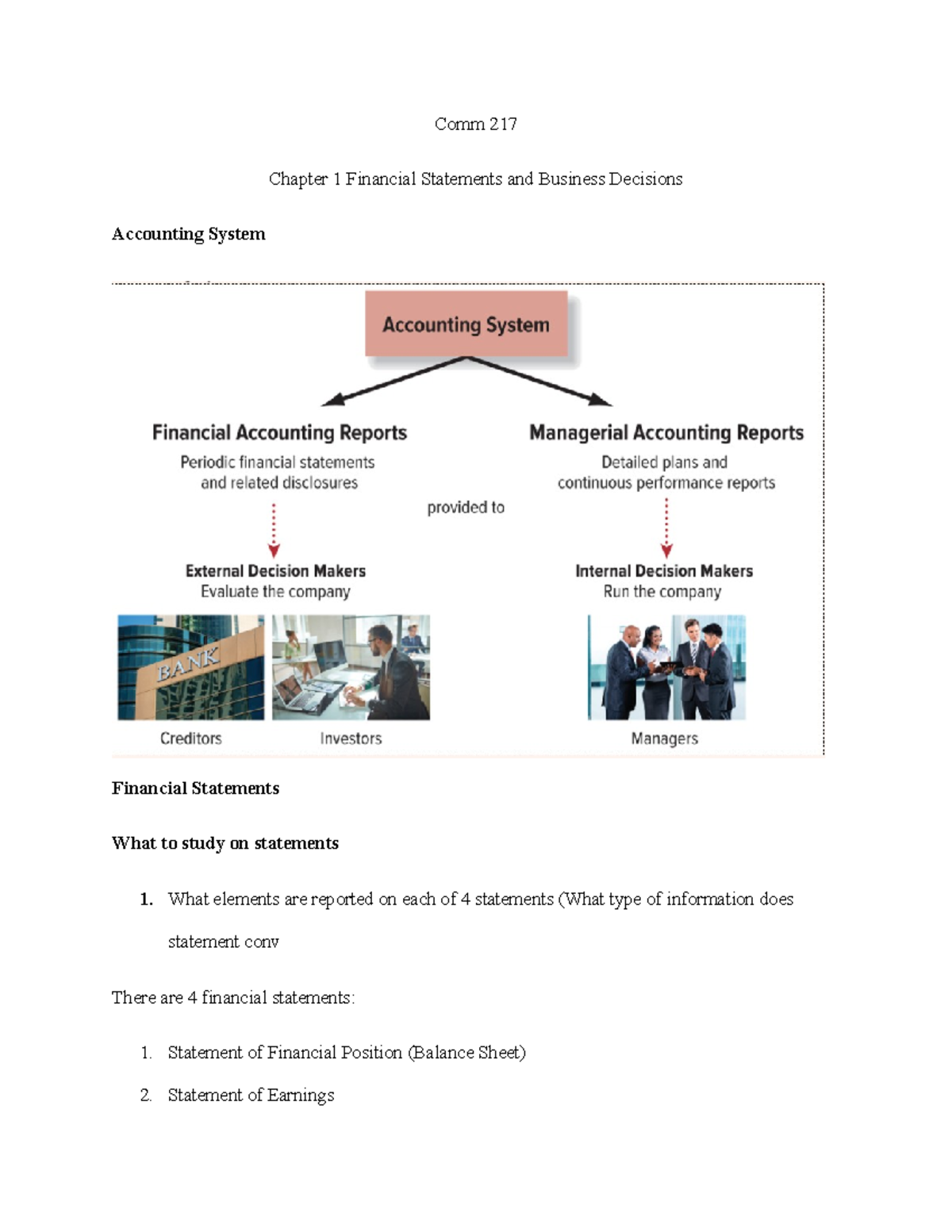 Chapter 1 - Lecture notes 1 - Comm 217 Chapter 1 Financial Statements ...