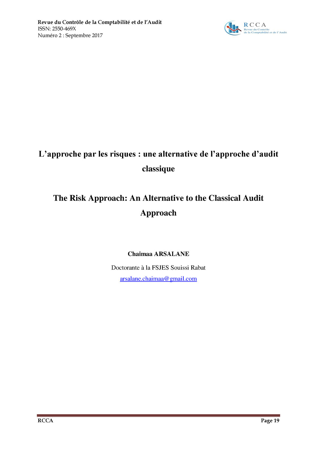 Rcca Approche Daudit Par Les Risques Issn 2550 469x NumÈro 2 Septembre 2017 Lapproche Par 