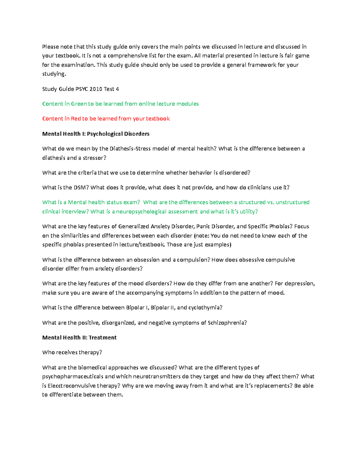 Study Guide PSYC 2010 Exam 4 - Please note that this study guide only ...