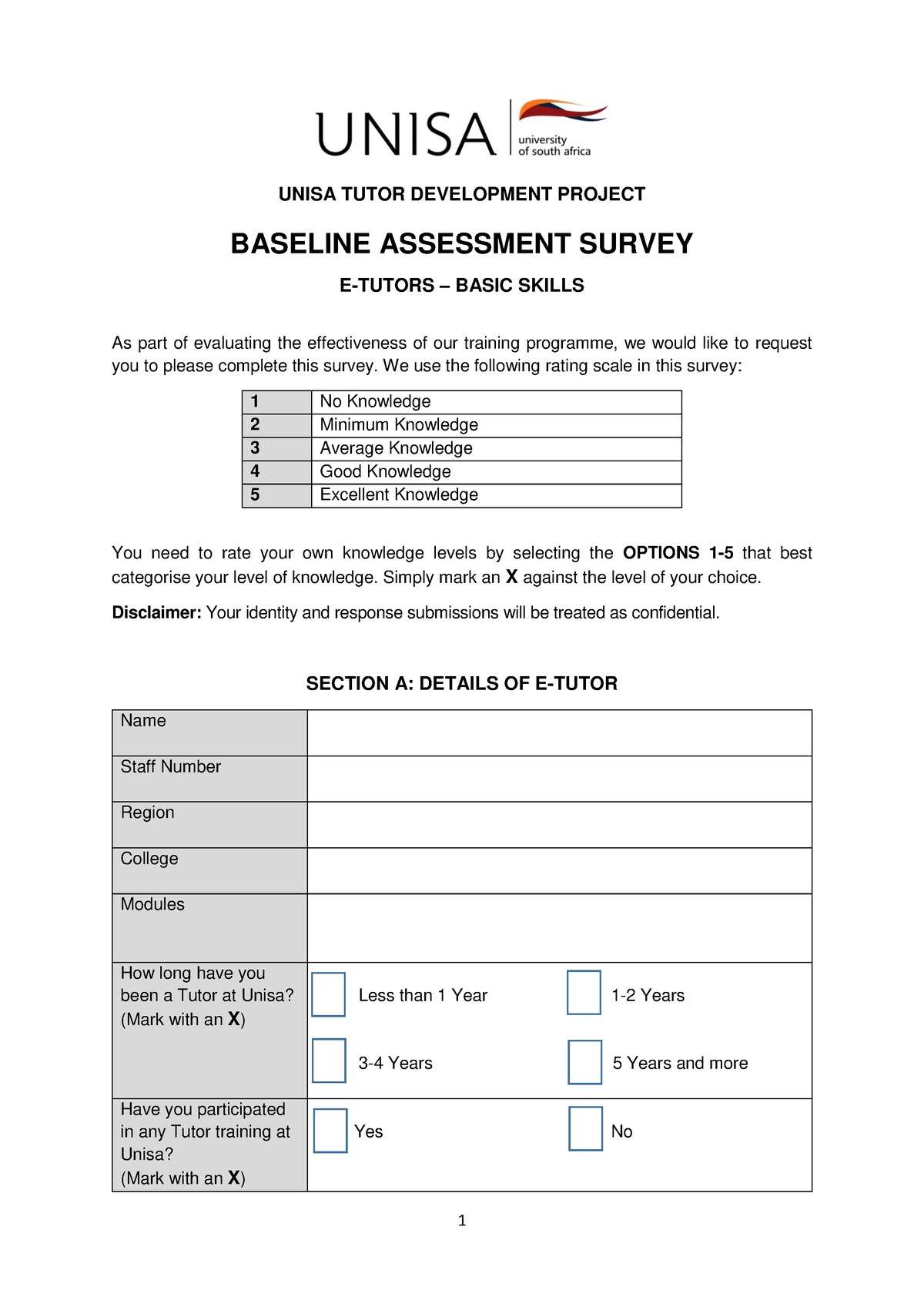 Baselineassessmentsurvey E Tutors Basics 1 Unisa Tutor Development Project Baseline