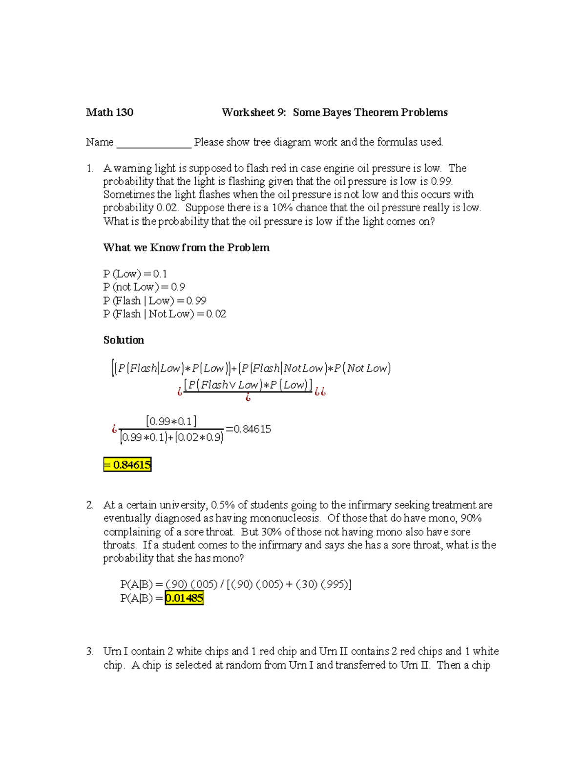 Studocu Worksheet-9-Bayes Theorem - Math 130 Worksheet 9: Some Bayes ...