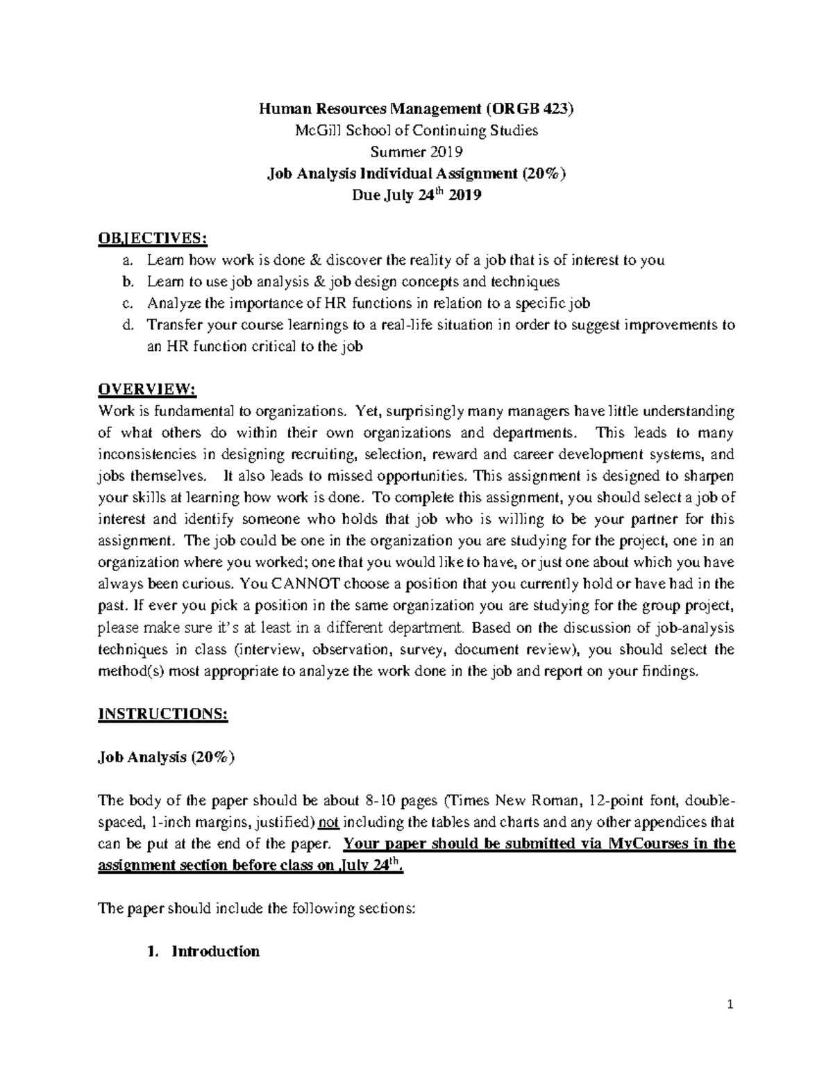 Individual assignment - Job analysis Summer 2019 - Human Resources ...
