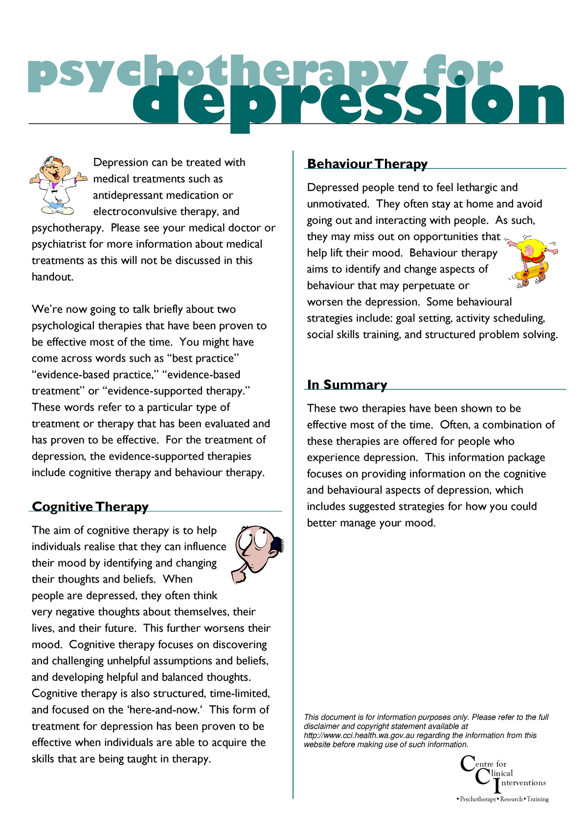 Depression Information Sheet - 03 - Psychotherapy for Depression ...