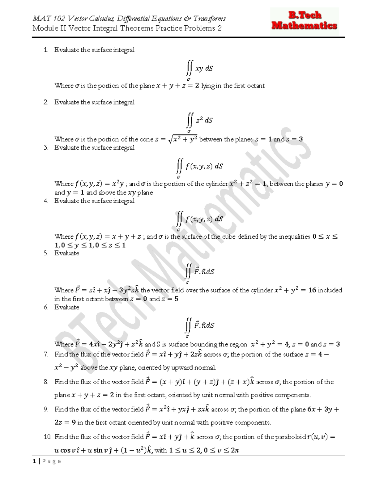 MAT 102 Module 2 Practice Problems 2 MAT 102 Vector Calculus
