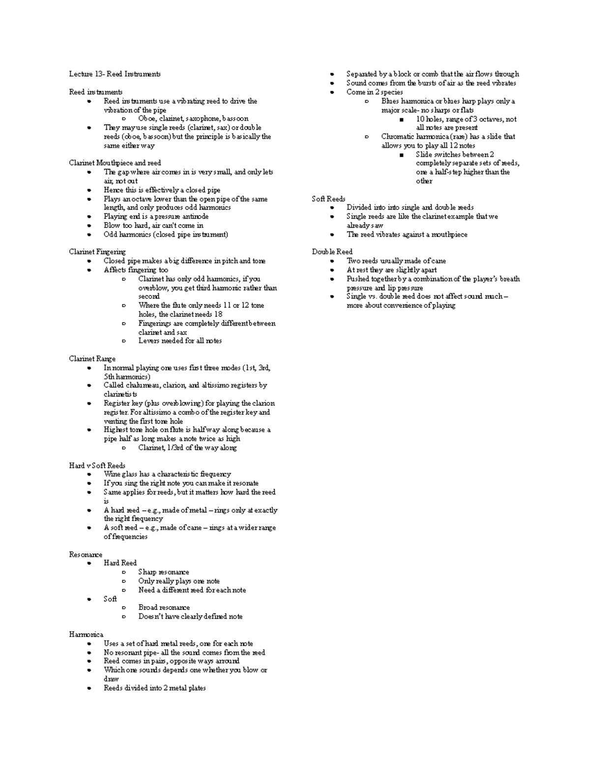 Final exam notes Lecture 13 Reed Instruments Reed instruments Reed