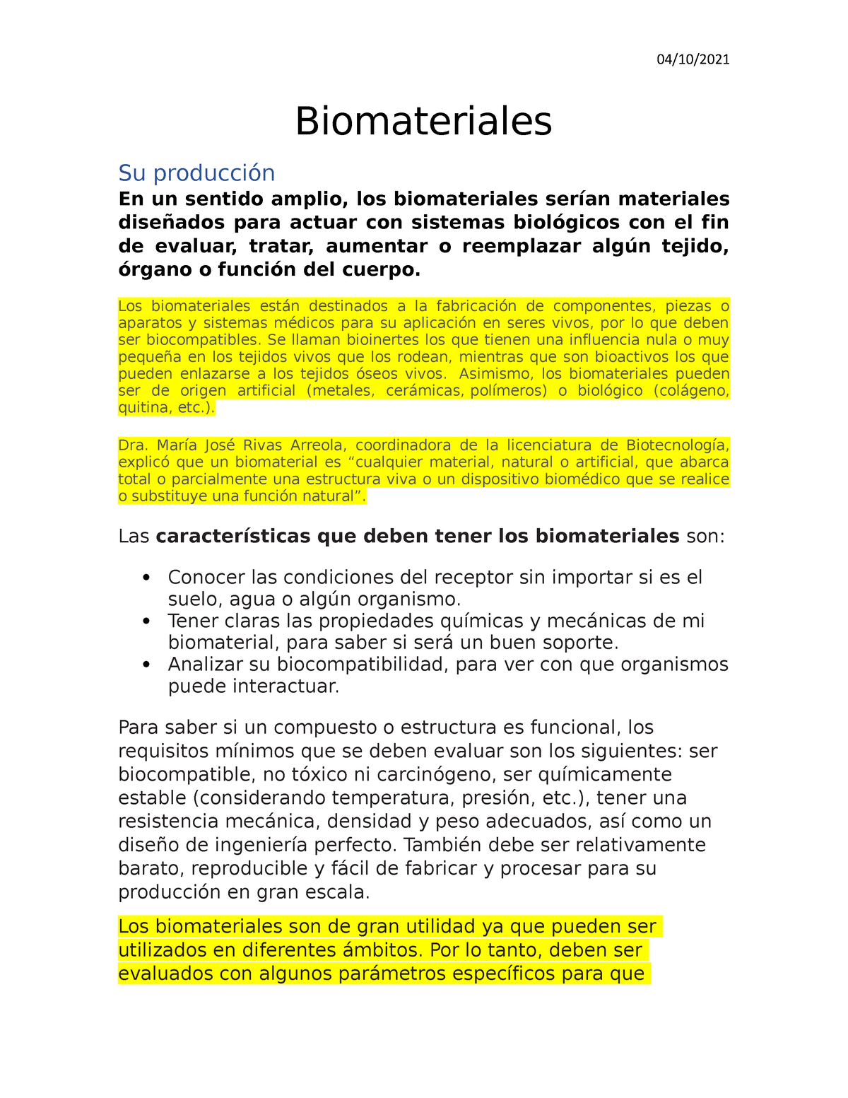 Biomateriales Explicación - 04/10/ Biomateriales Su Producción En Un ...