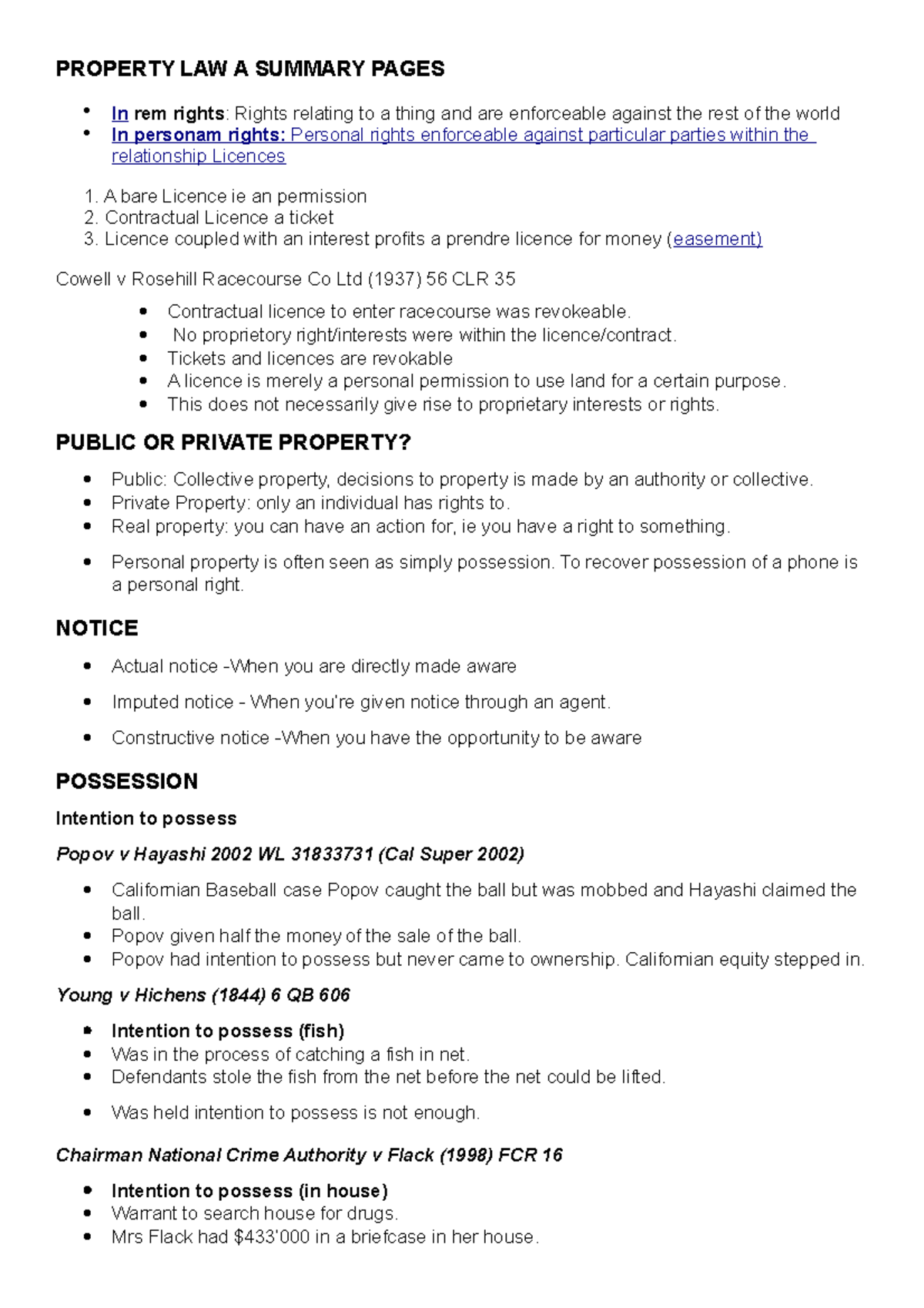 Property Law A Exam Notes Final PROPERTY LAW A SUMMARY PAGES In rem